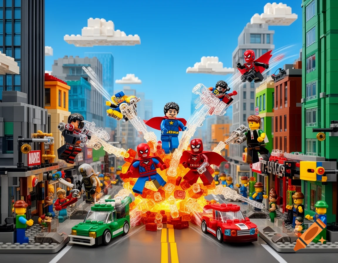 Lego superhero minifigures battle amidst an explosion on a city street, with buildings and cars in a detailed Lego set.