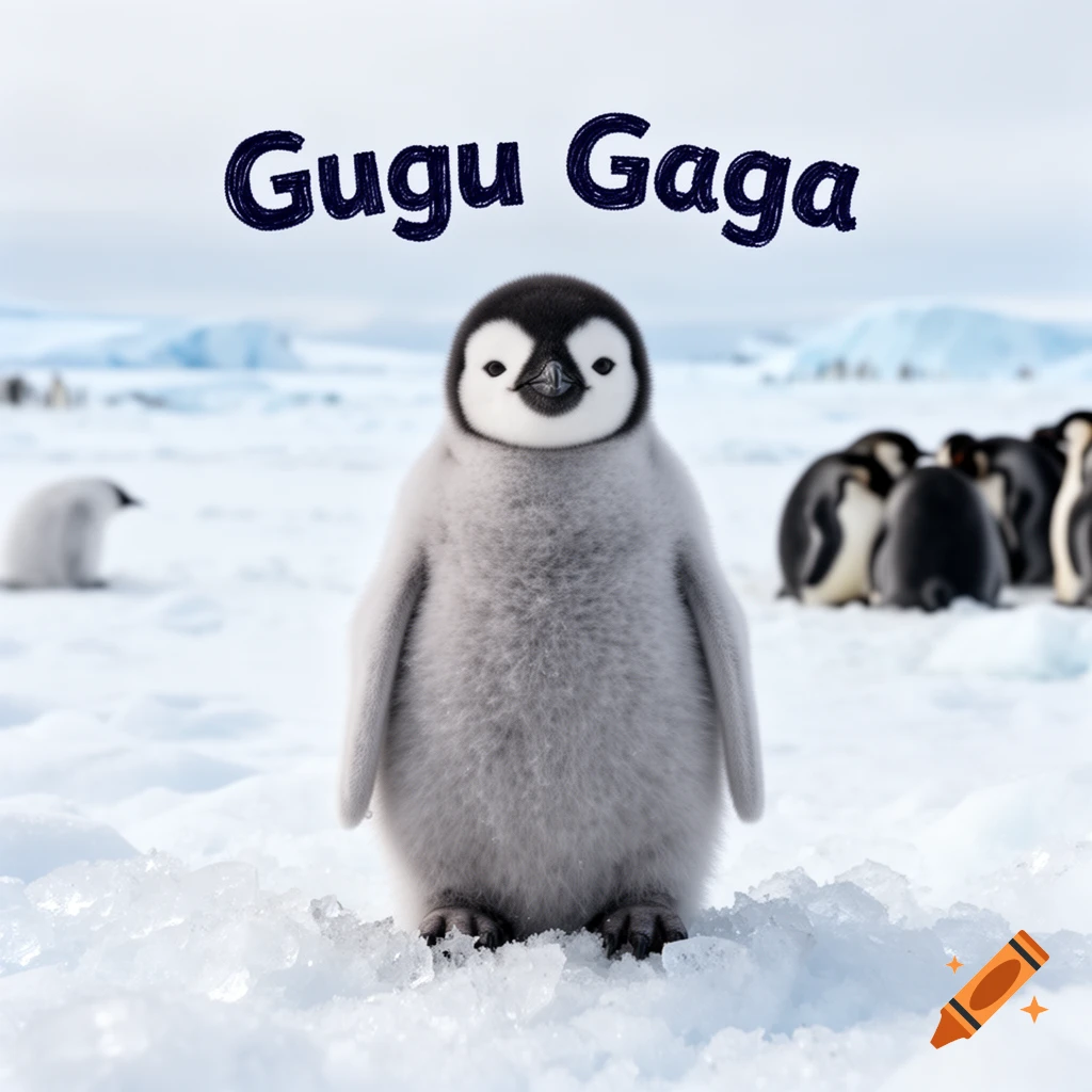 A fluffy baby penguin stands in the snow with other penguins in the background, text 'Gugu Gaga' above, photorealistic style.
