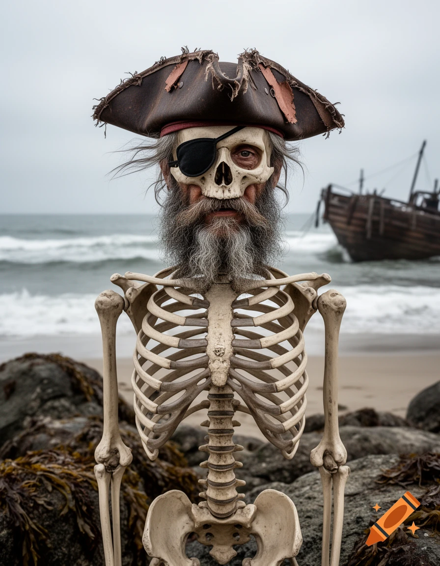 A photorealistic skeleton with a pirate hat, eye patch, and beard stands on a rocky beach with a shipwreck in the background.