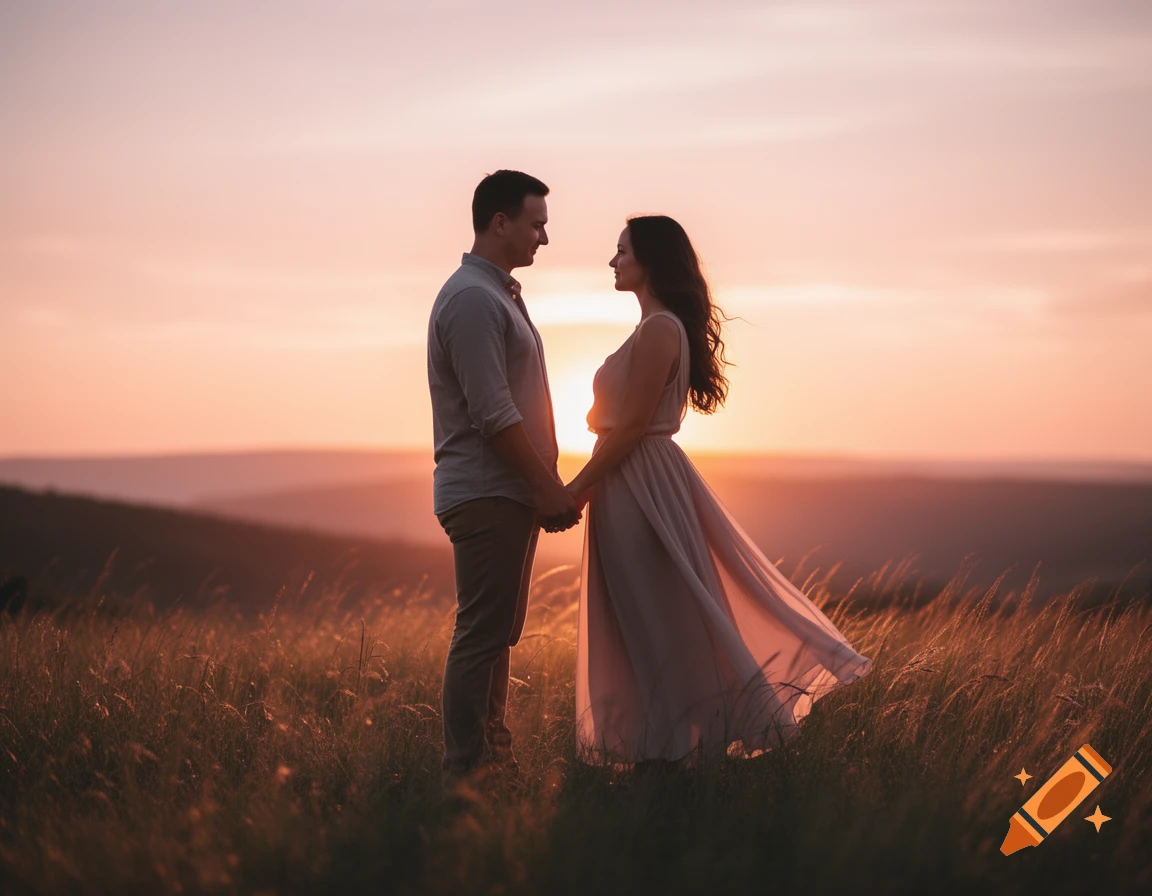 A couple holding hands in a grassy field at sunset, silhouetted against a vibrant orange and pink sky.