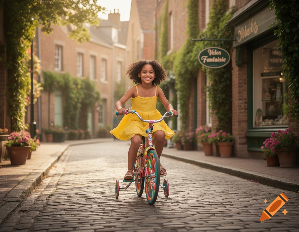 A smiling young girl in a yellow dress rides a colorful bicycle with training wheels down a cobblestone street lined with brick buildings and flowers.