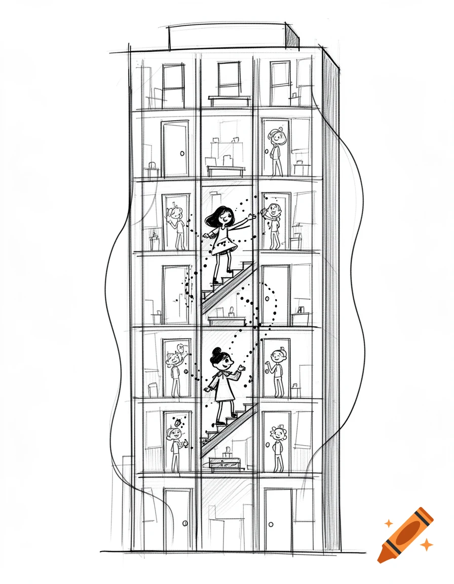 Black and white sketch of a multi-story building with cartoon figures climbing stairs and interacting in apartments.