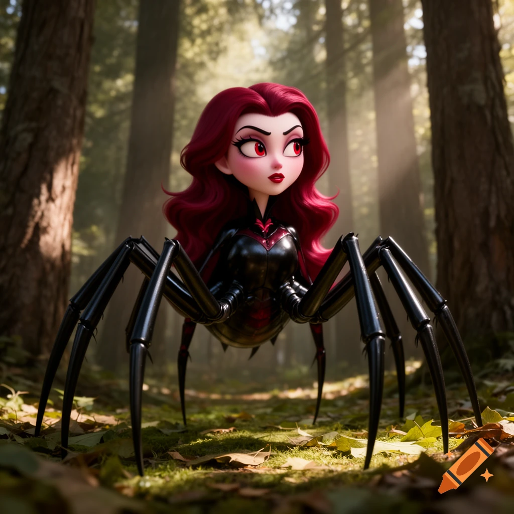 A 3D animated fantasy creature with a red-haired woman's head and torso on a shiny black spider body, standing in a sunlit forest.