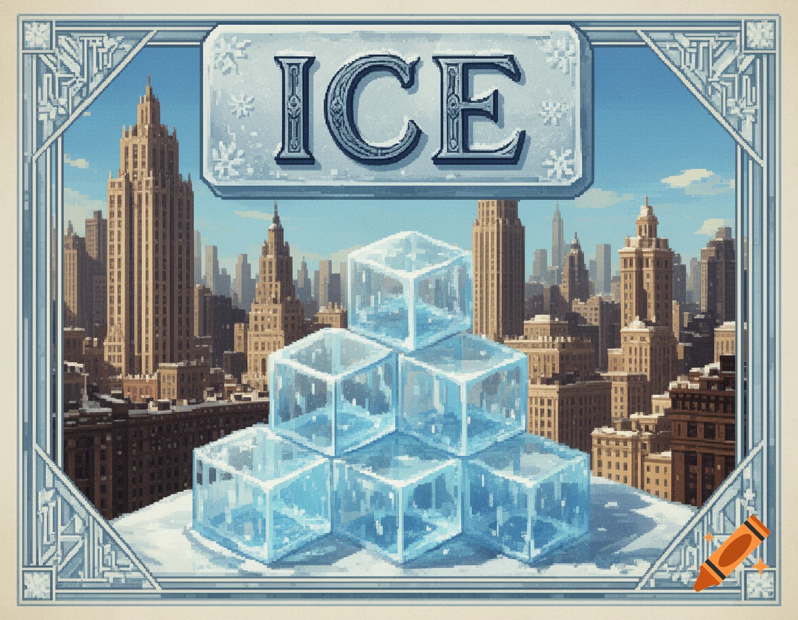 Pixel art advertisement for 'ICE' with a stack of ice cubes, a 1920s-style city skyline, and a decorative border.