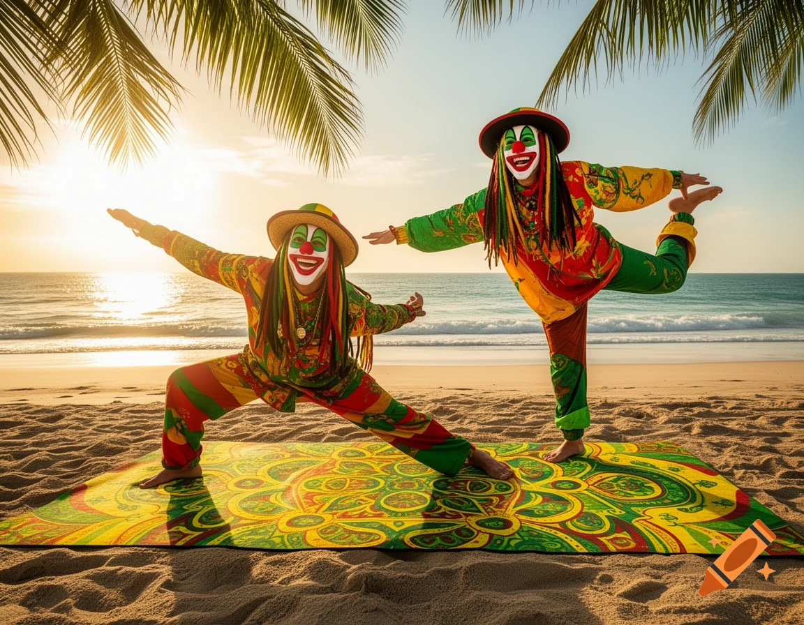 Two colorful reggae clowns do yoga on a patterned mat on a sandy beach at sunset, with palm fronds overhead.