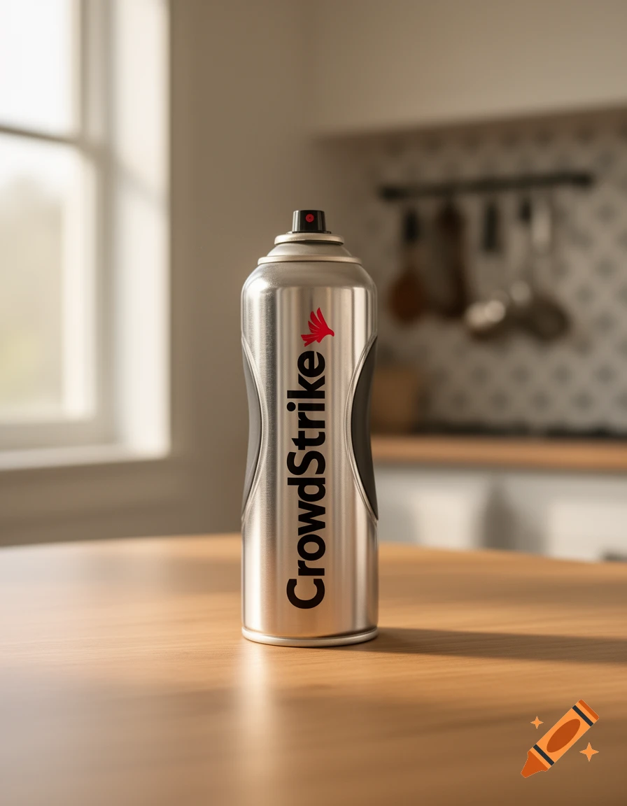 A silver aerosol spray can labeled 'CrowdStrike' with a red bird logo, sitting on a wooden table in a well-lit kitchen.