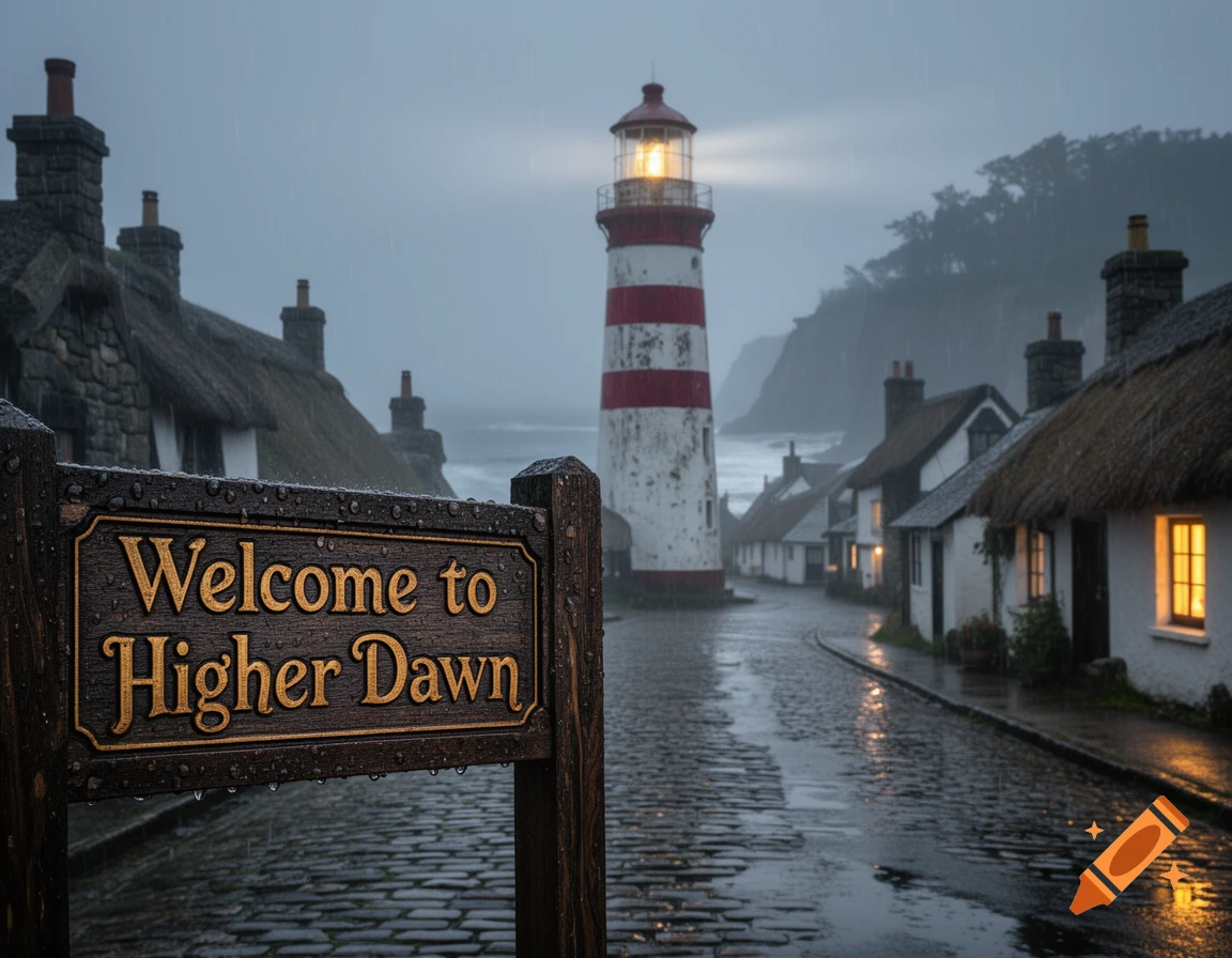 Rainy coastal town scene with a 'Welcome to Higher Dawn' sign, a red and white striped lighthouse, and thatched-roof cottages.