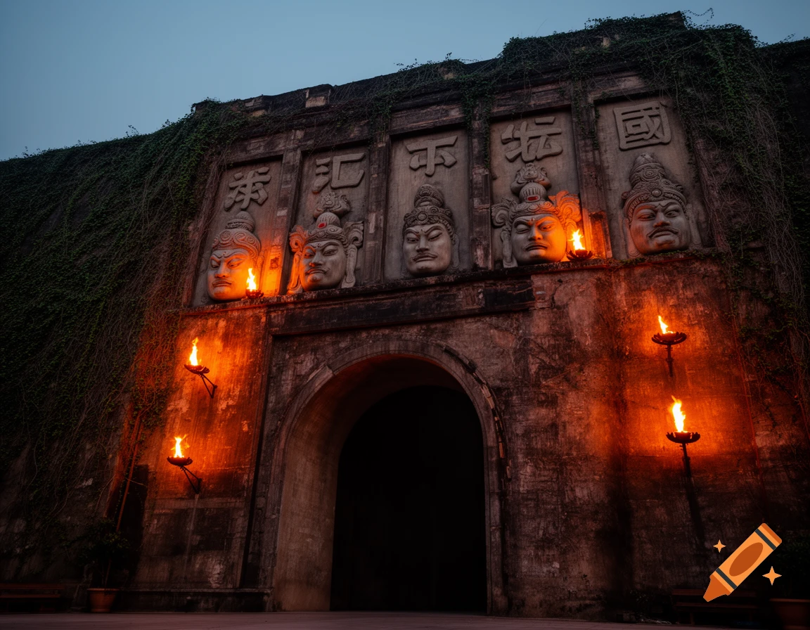 A giant ancient stone wall features an arched entrance, carved heads of gods, and legible Chinese characters illuminated by multiple fiery torches. Dark vines creep along the wall under a twilight sky.