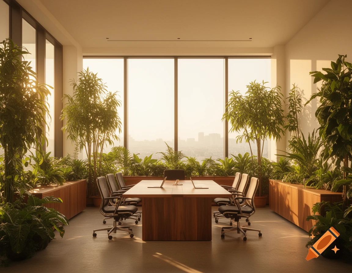 A modern, sunlit office meeting room with a large wooden table, chairs, and many green plants by expansive windows overlooking a city skyline.