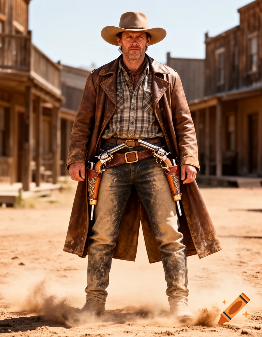 A photorealistic image of a cowboy in a brown leather duster and hat, with two revolvers in holsters, standing in a dusty Old West town.