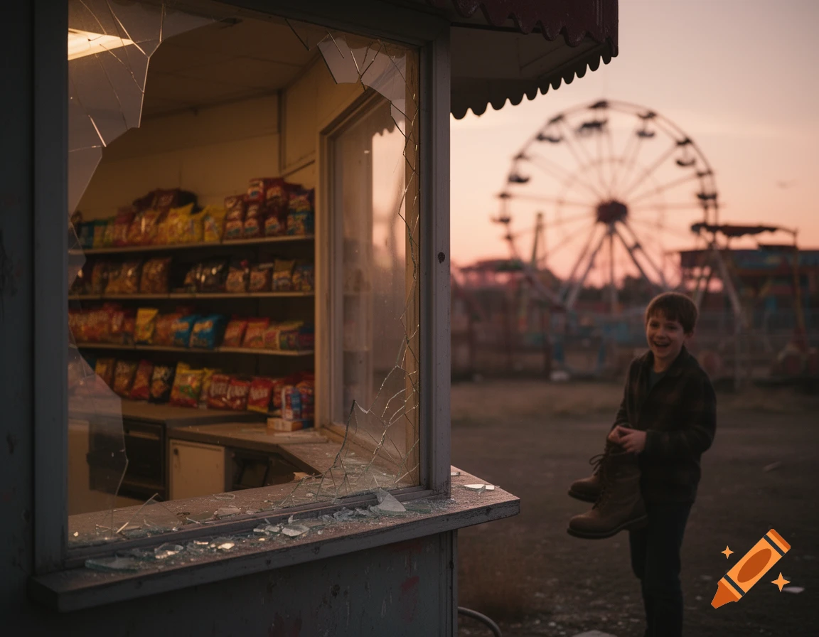 A young boy holds a pair of boots outside a snack shop with a smashed window, set against a sunset-lit abandoned fairground.