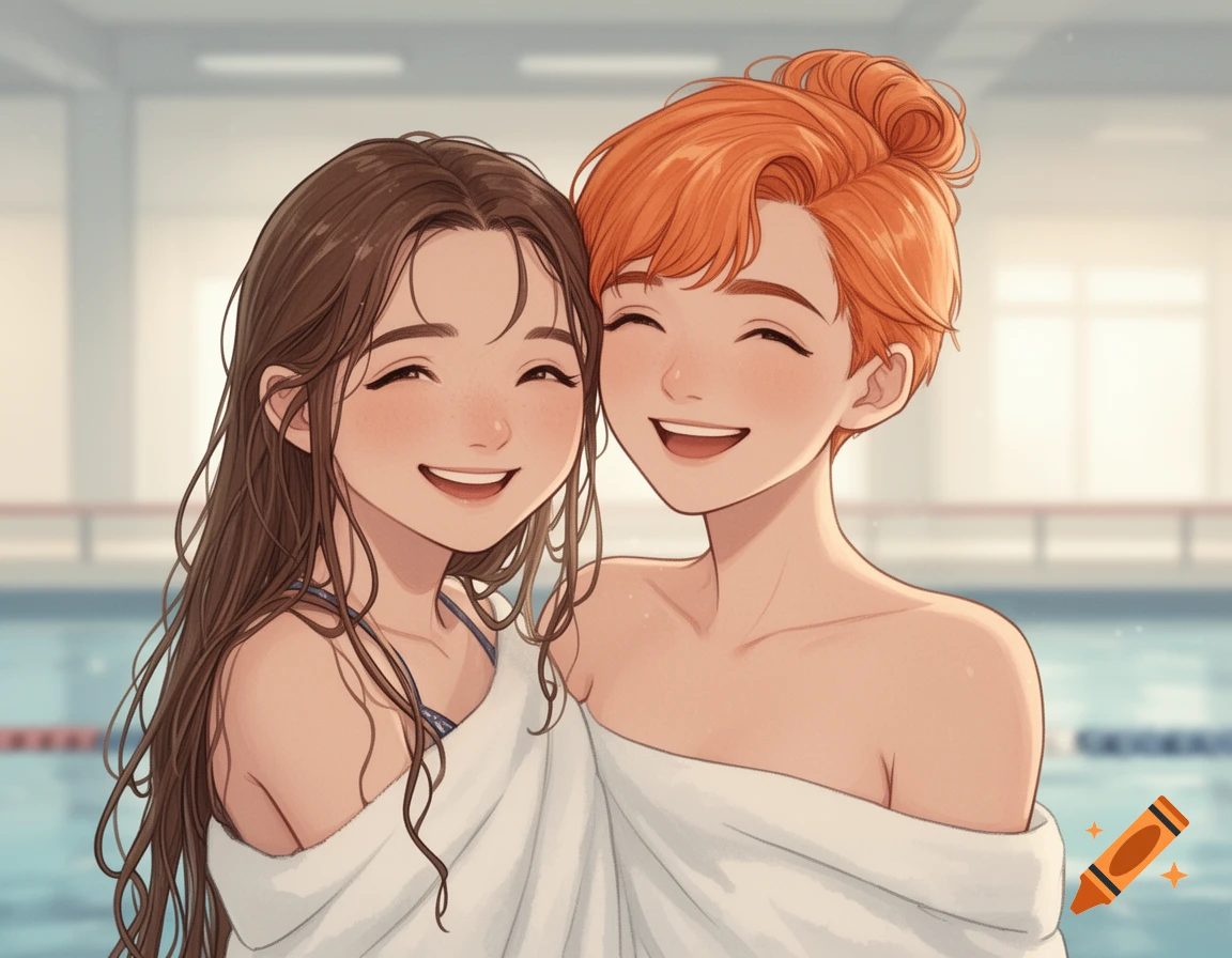 Two smiling friends, one with long brown hair and one with short orange hair, wrapped in towels after swimming in an indoor pool, in a semi-realistic illustration.