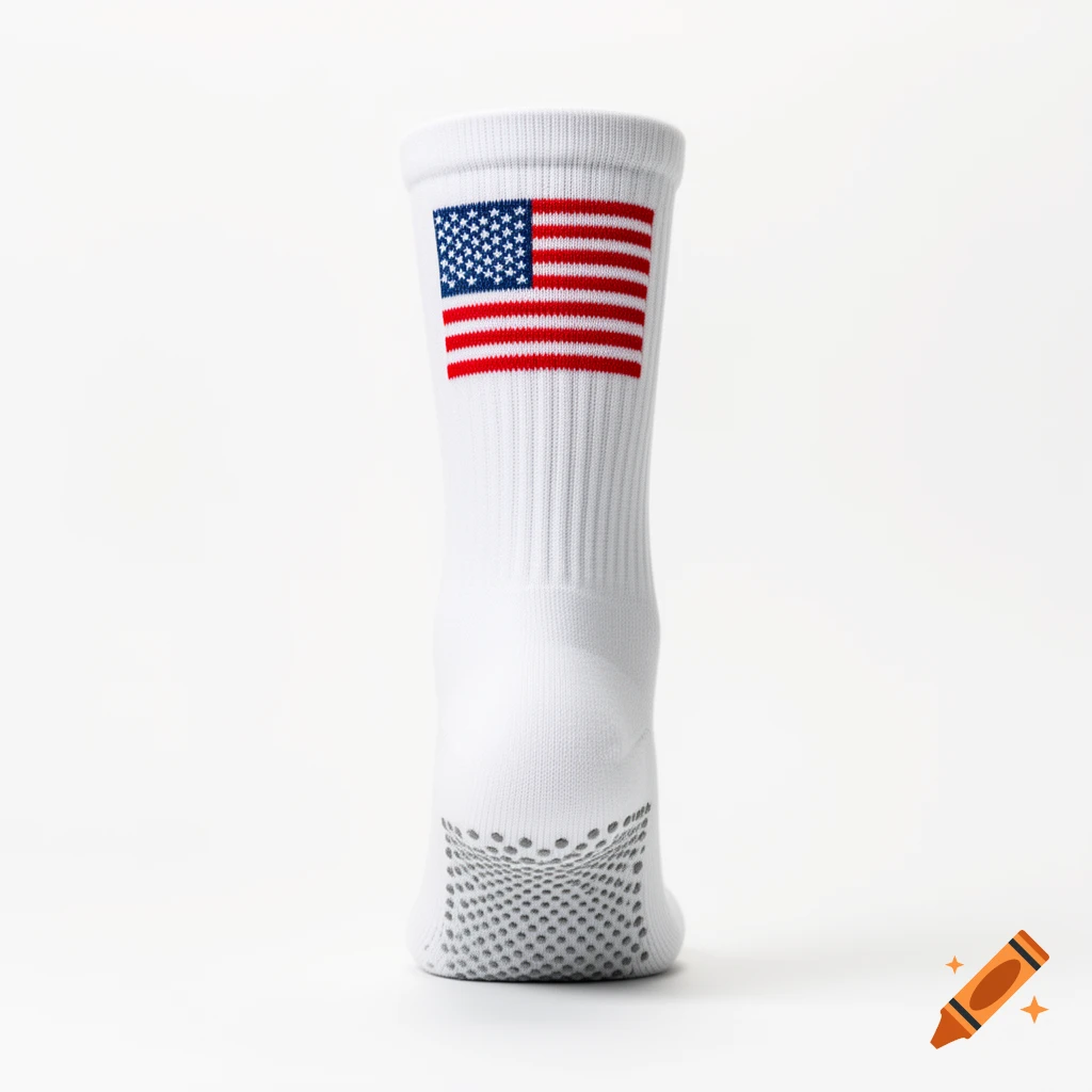 White crew grip sock with American flag on calf and non-slip dots on sole, studio product photo.