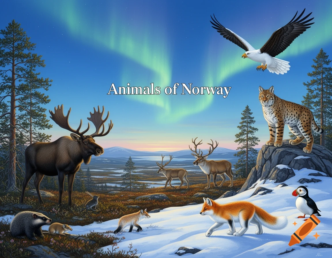 Illustrative chart of Norwegian wildlife (moose, lynx, fox, eagle, puffin) in a snowy landscape under aurora. Text: 'Animals of Norway'.