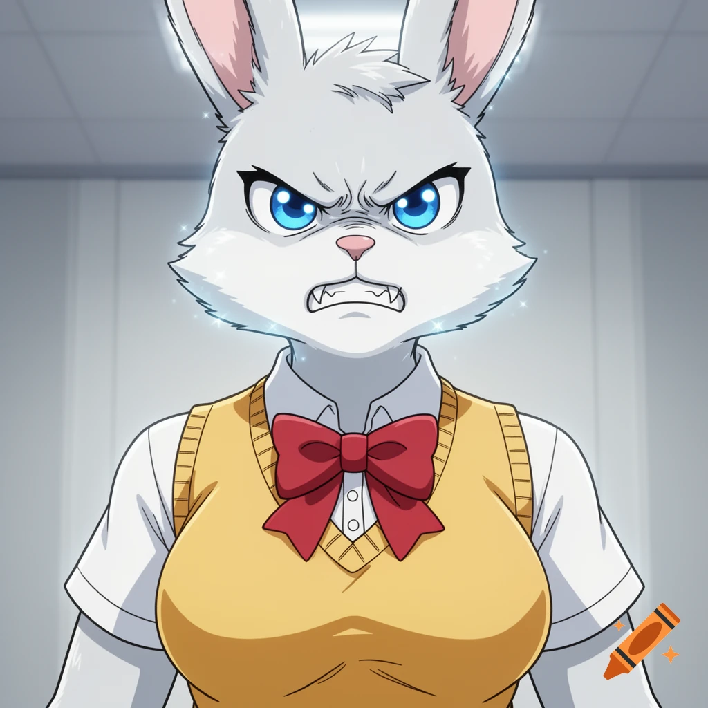 An angry anthropomorphic rabbit woman with blue eyes, wearing a white shirt, yellow sweater vest, and red bow tie, in anime style.