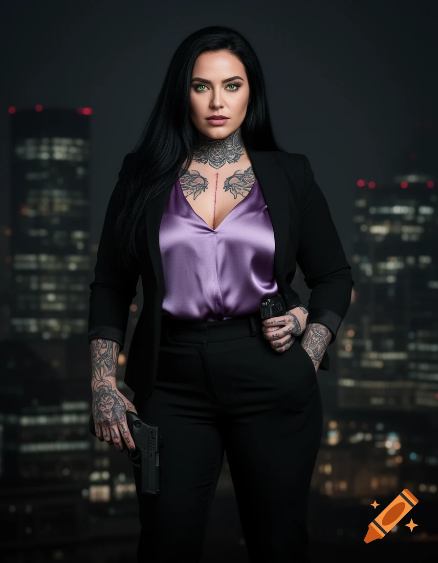 A serious woman with long black hair, green eyes, extensive tattoos, and a purple silk blouse under a black blazer, holds two black handguns against a dark city skyline.