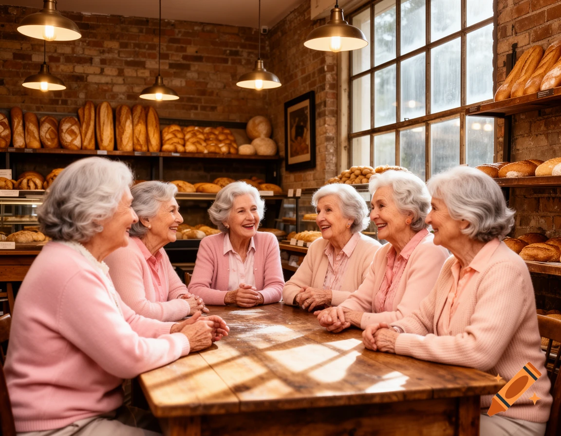 Six elderly women in pink cardigans laughing together at a wooden table in a sunlit bakery filled with bread shelves.