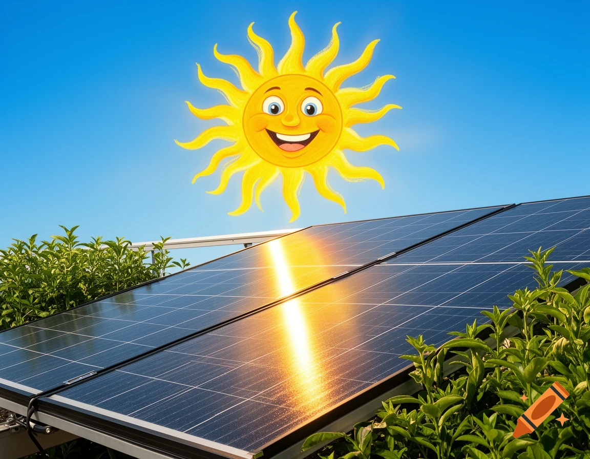 A smiling cartoon sun with rays shines brightly on solar panels surrounded by green plants under a clear blue sky.