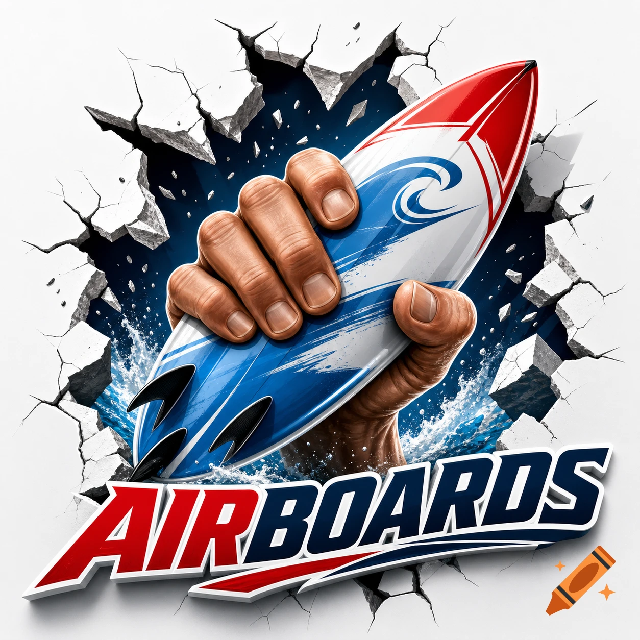 A muscular hand bursts through a cracked white wall, holding a red, white, and blue surfboard. Below, the text "AIRBOARDS" in bold red and blue.