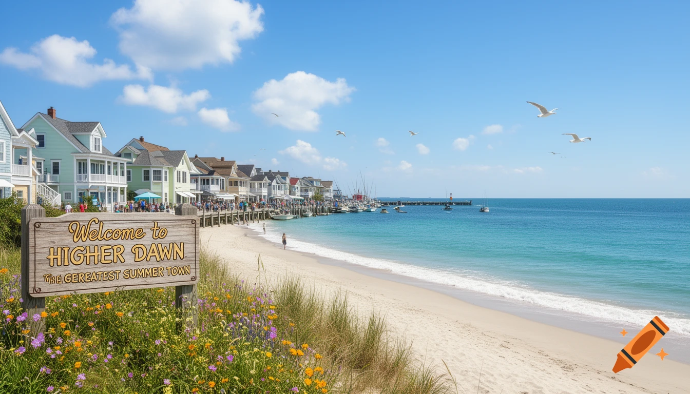 A sunny panoramic view of a vibrant coastal town with colorful houses along a sandy beach, clear turquoise ocean, boats, and a 'Welcome to Higher Dawn' sign.