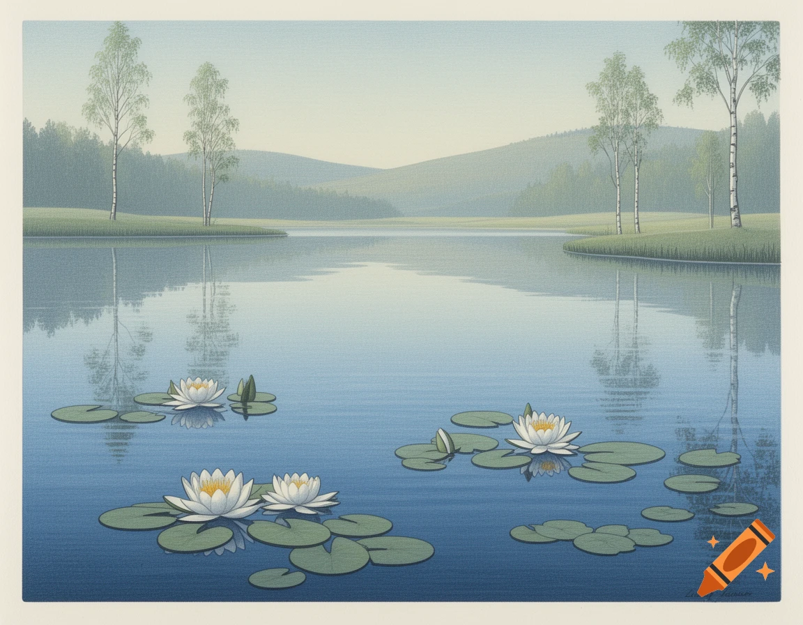 A serene woodcut painting of water lilies on a calm blue lake, surrounded by green hills and birch trees.