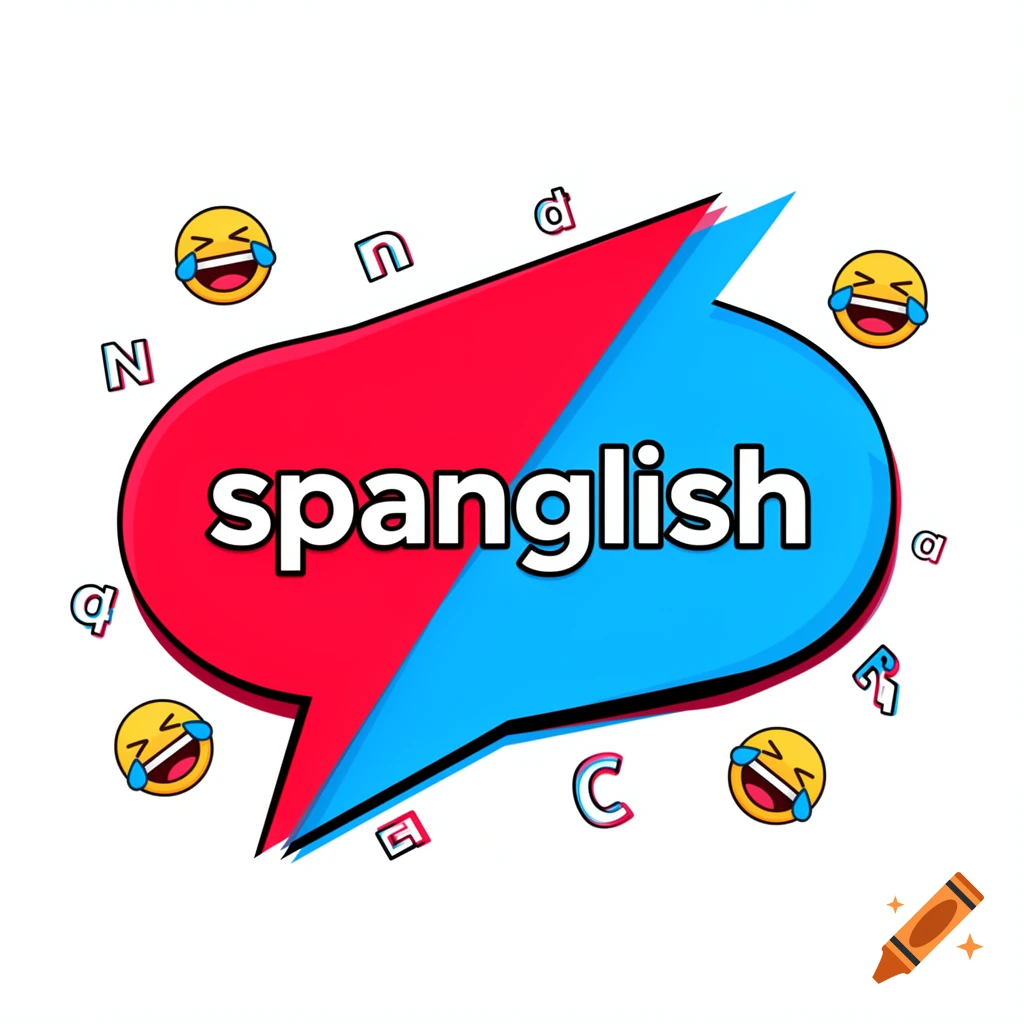 Red and blue speech bubble with 'spanglish' in white text, surrounded by laughing emojis and scattered outline letters.