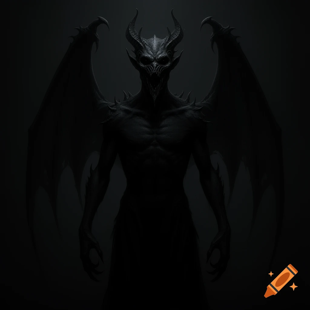 A dark, horned demon with large, bat-like wings stands menacingly in shadow, its face gaunt and eyes dark.