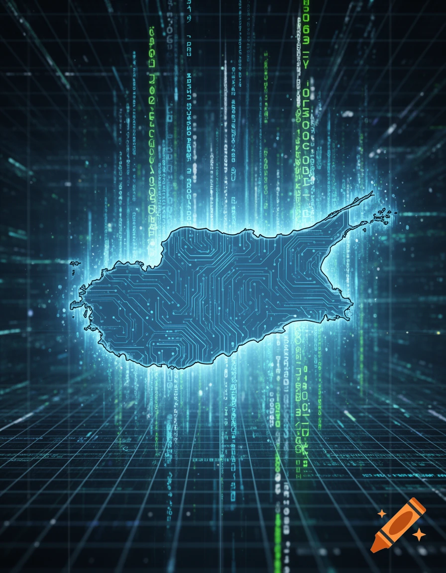 Stylized map of Cyprus with a circuit board pattern, glowing blue, against a dark background with falling green digital code.