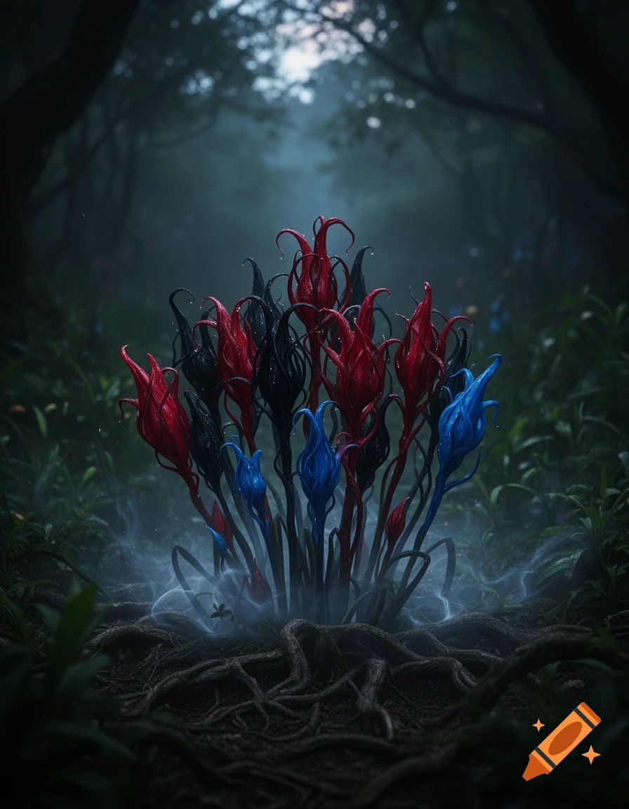 A cluster of vibrant red, black, and blue alien-like flowers glows faintly amid tangled roots in a dark, misty forest.