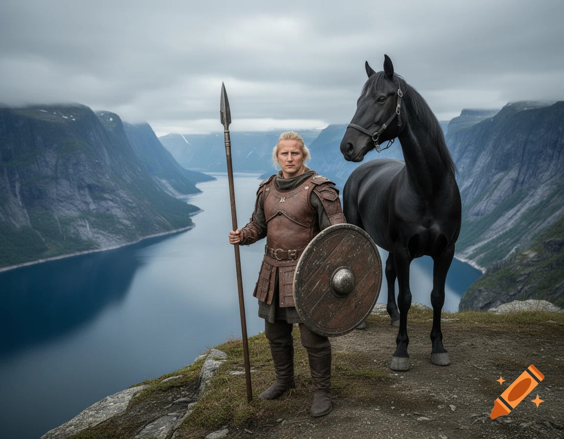 Photorealistic Viking warrior with a spear and shield and black warhorse on a cliff overlooking a fjord.
