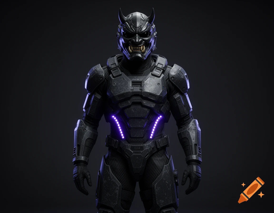 A futuristic soldier in dark tactical armor with a menacing matte black Japanese Oni mask and glowing purple LED strips. Photorealistic.