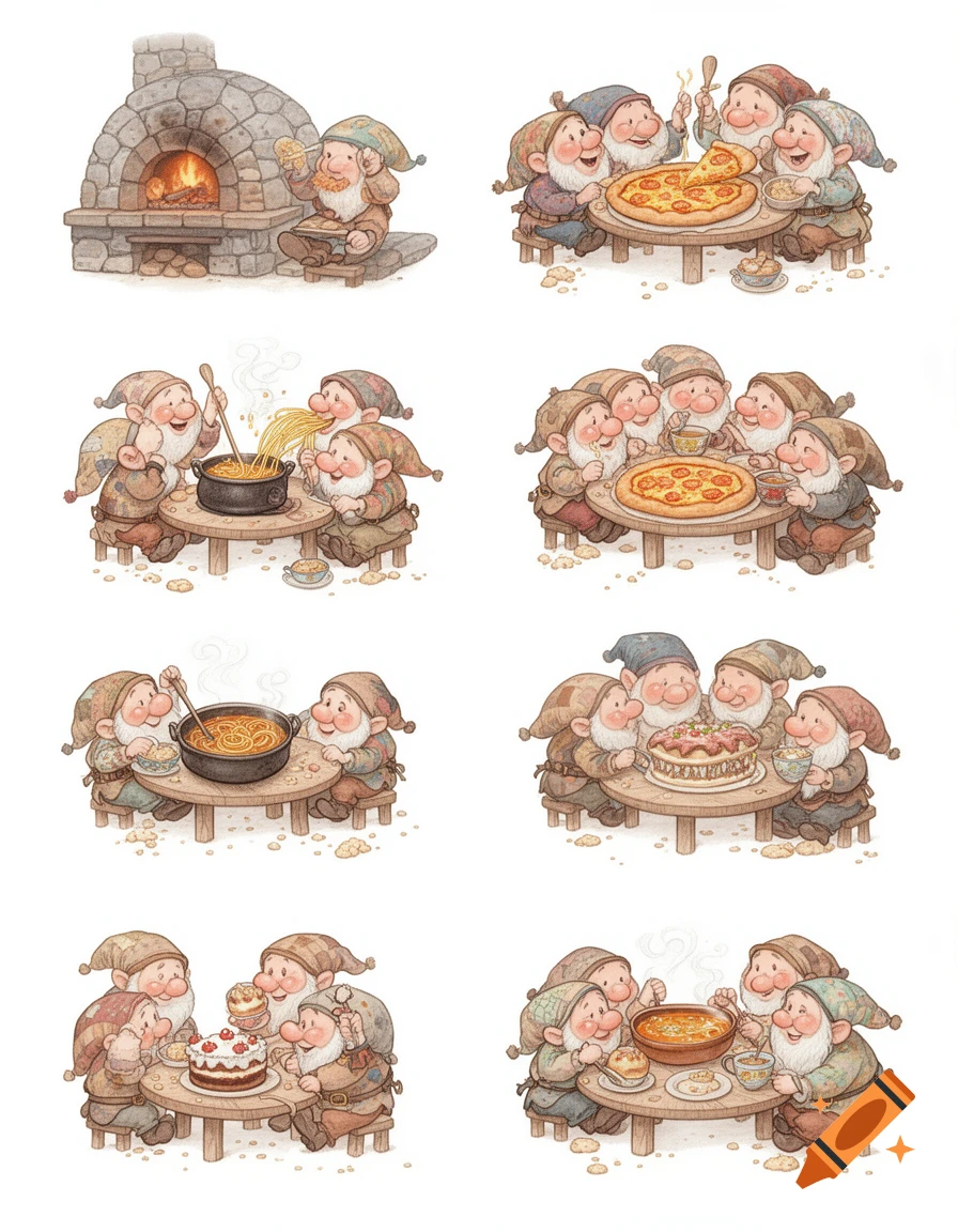 Watercolor illustrations of gnomes cooking and eating pizza, spaghetti, cake, and soup on a white background.