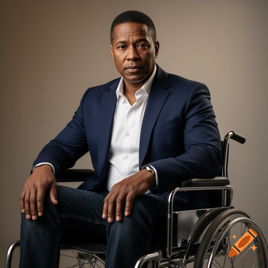 Photorealistic portrait of a man in a navy suit and jeans, sitting in a wheelchair and looking forward.