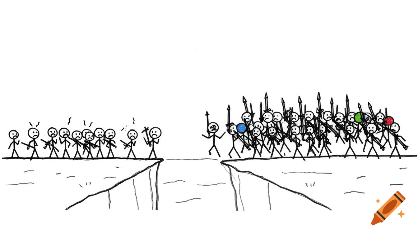 A simple, hand-drawn stick figure illustration of two armies facing each other across a chasm, one side smaller and worried.