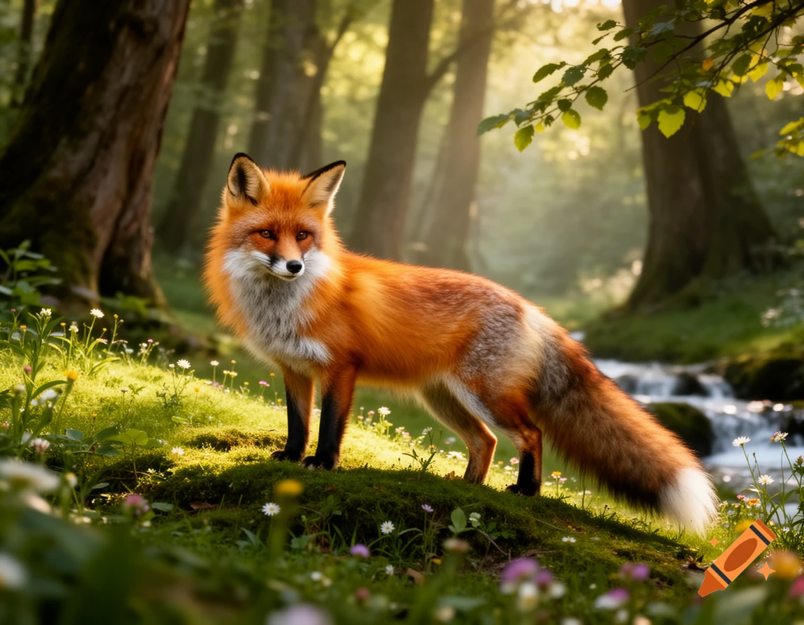 A photorealistic red fox with a bushy tail stands on a mossy hill in a sunlit forest, with a stream in the background.