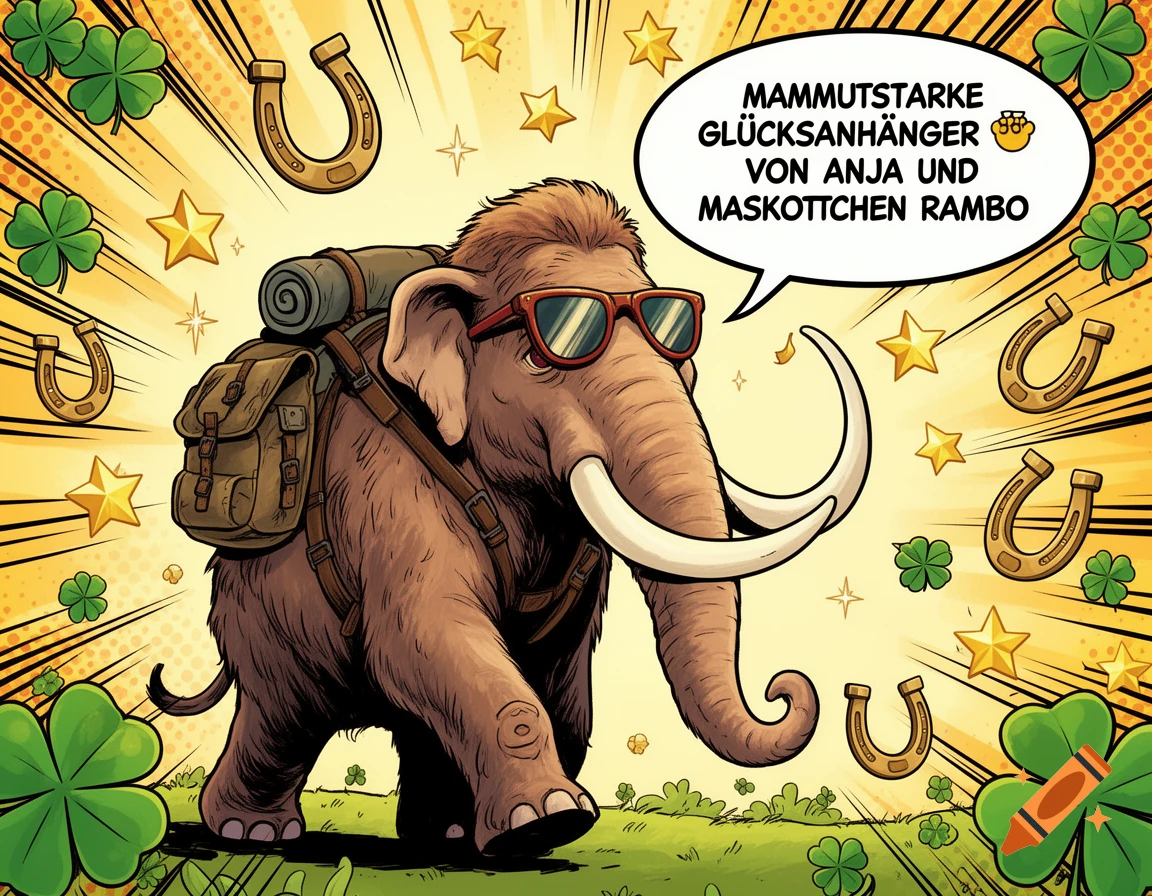 Comic-style woolly mammoth with sunglasses and backpack, surrounded by clovers, horseshoes, and stars. A speech bubble displays German text.