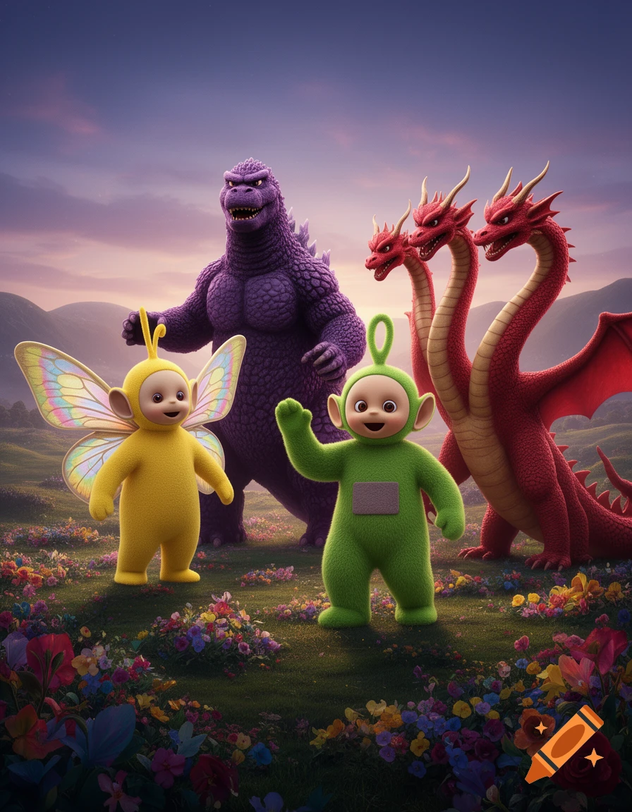 Purple Godzilla, a three-headed red King Ghidorah, and two Teletubbies (one yellow with butterfly wings, one green) stand in a vibrant flower field at sunset.