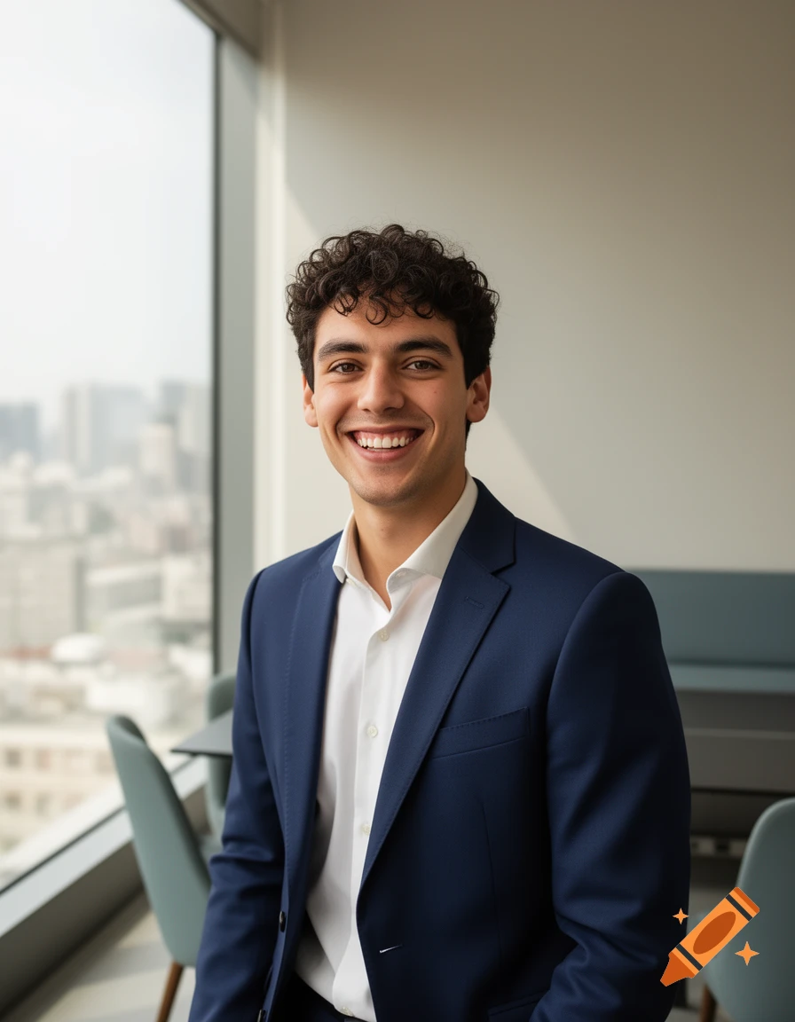 A smiling young man with curly hair in a navy suit and white shirt stands in an office by a large window overlooking a city.