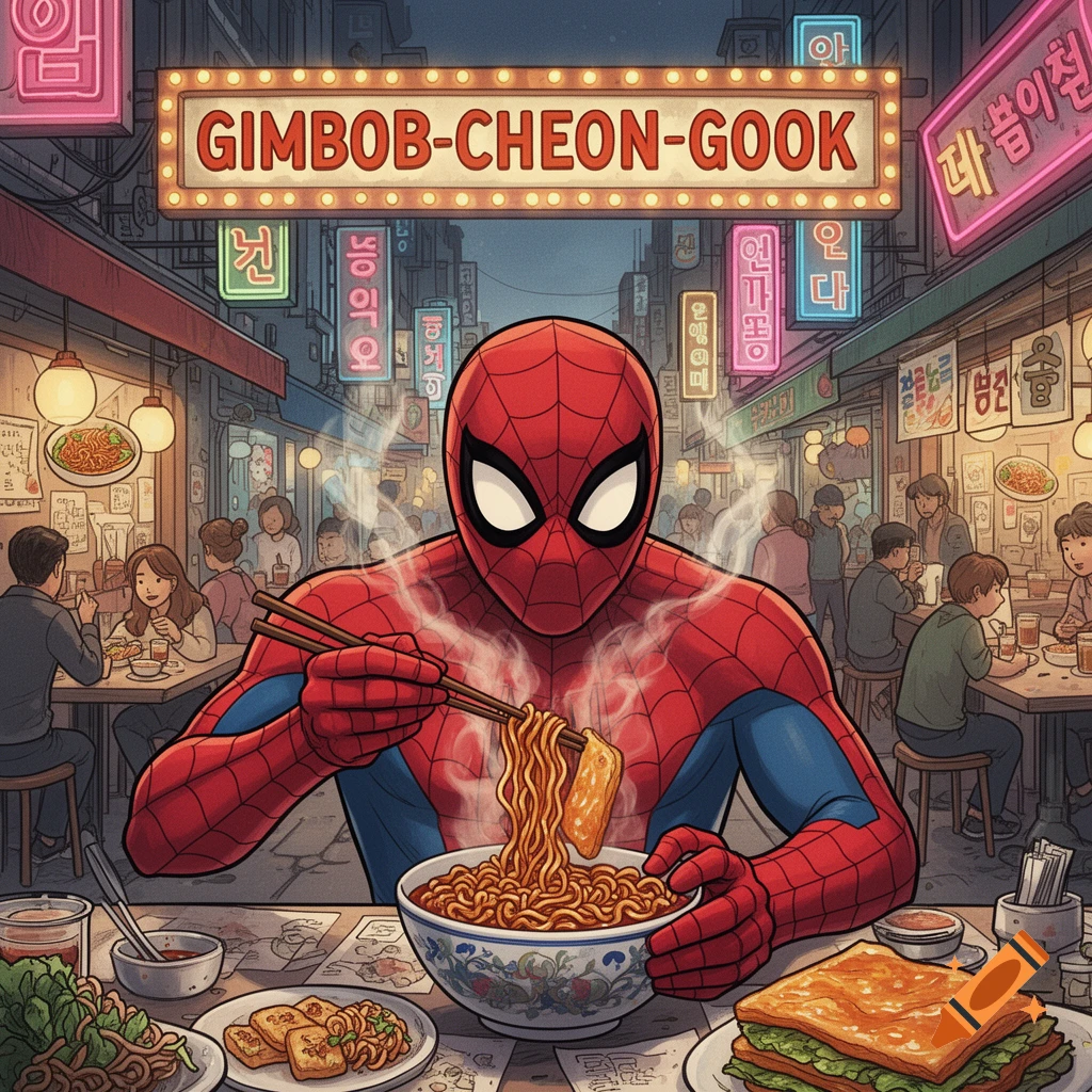 Spider-Man eats a steaming bowl of ramyeon with chopsticks at a GIMBOB-CHEON-GOOK restaurant in a lively Korean street market at night, comic art style.