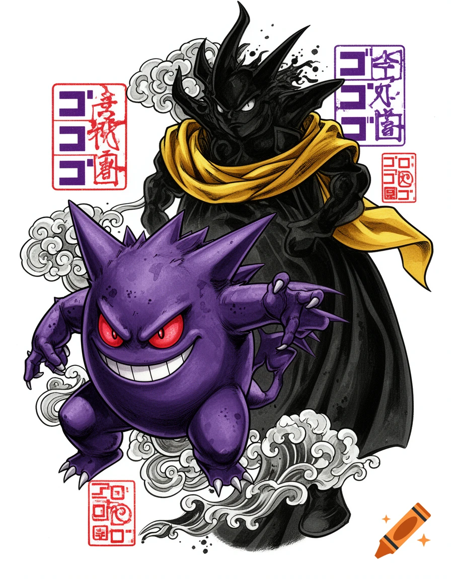 A stylized tattoo design featuring a purple Gengar with red eyes in a dramatic pose, with the shadowy figure of Wonder of U from JoJo's Bizarre Adventure behind it, adorned with Japanese calligraphy stamps and traditional wave patterns on a white background.