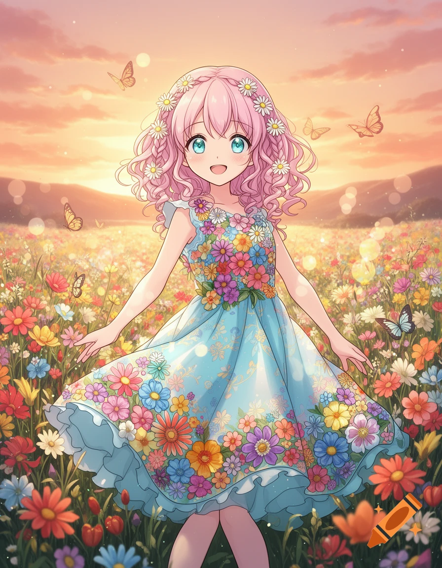 A happy anime girl with pink curly hair and a flower crown, in a blue flower dress, stands in a vibrant flower field at sunset.
