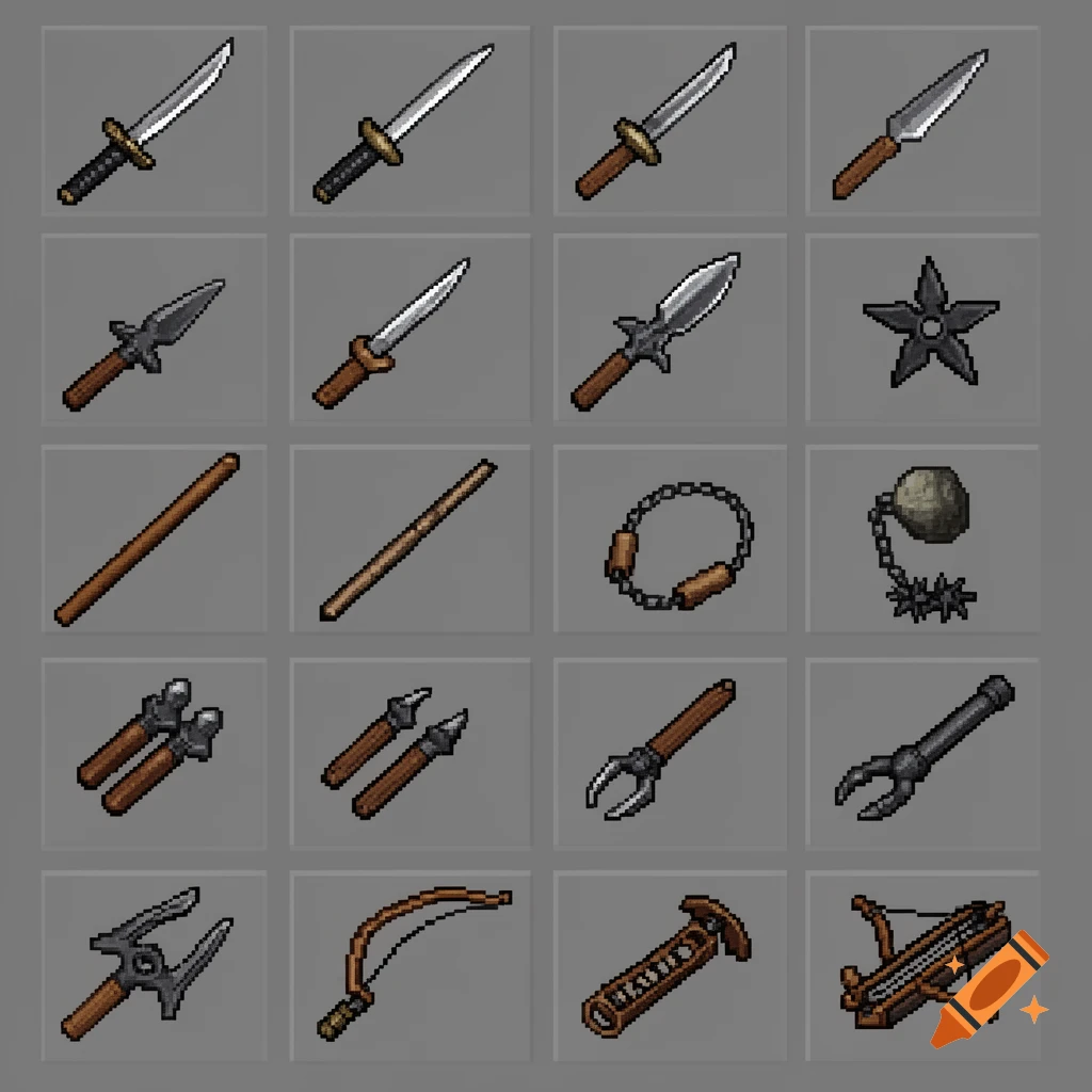 A grid of 16 2D pixel art ninja weapon sprites on a gray background, including swords, spears, a shuriken, flail, bow, and other martial arts tools.