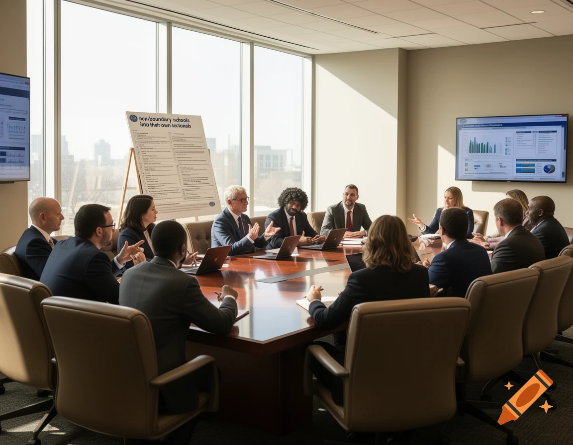 A diverse group of professionals holds a meeting in a modern conference room with large windows and presentation screens.