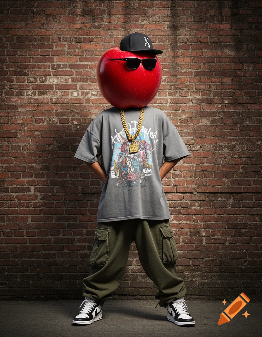 A photorealistic image of an apple with a human body dressed in hip-hop style, wearing a cap, sunglasses, gold chain, baggy t-shirt, cargo pants, and sneakers, standing against a brick wall.
