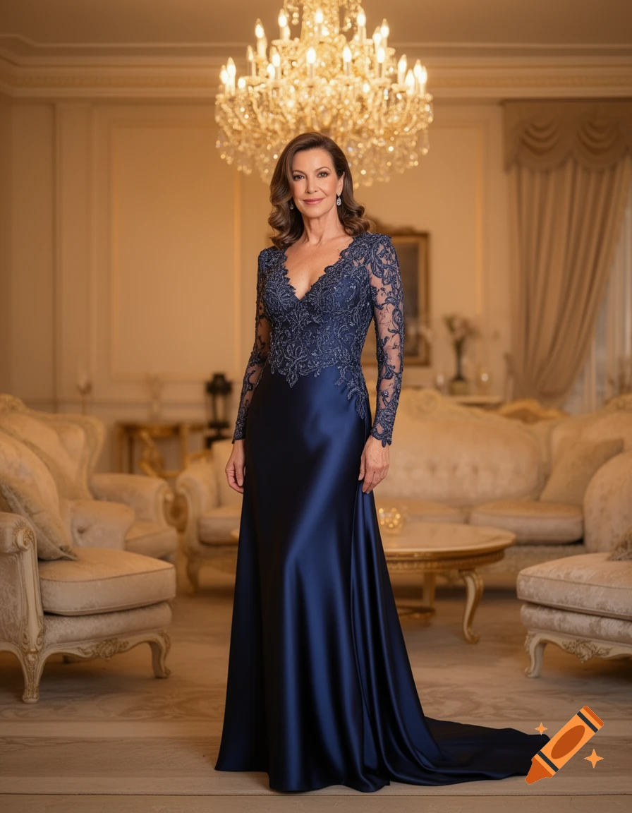Photorealistic portrait of an elegant woman in a long navy blue lace gown, standing in a luxurious room under a chandelier.