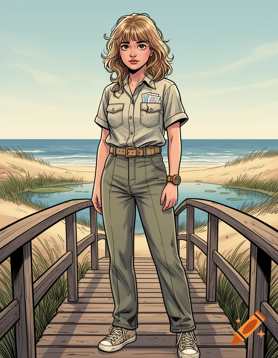 A comic book illustration of a woman in a field uniform standing on a wooden bridge over water at a beach with dunes and the ocean.