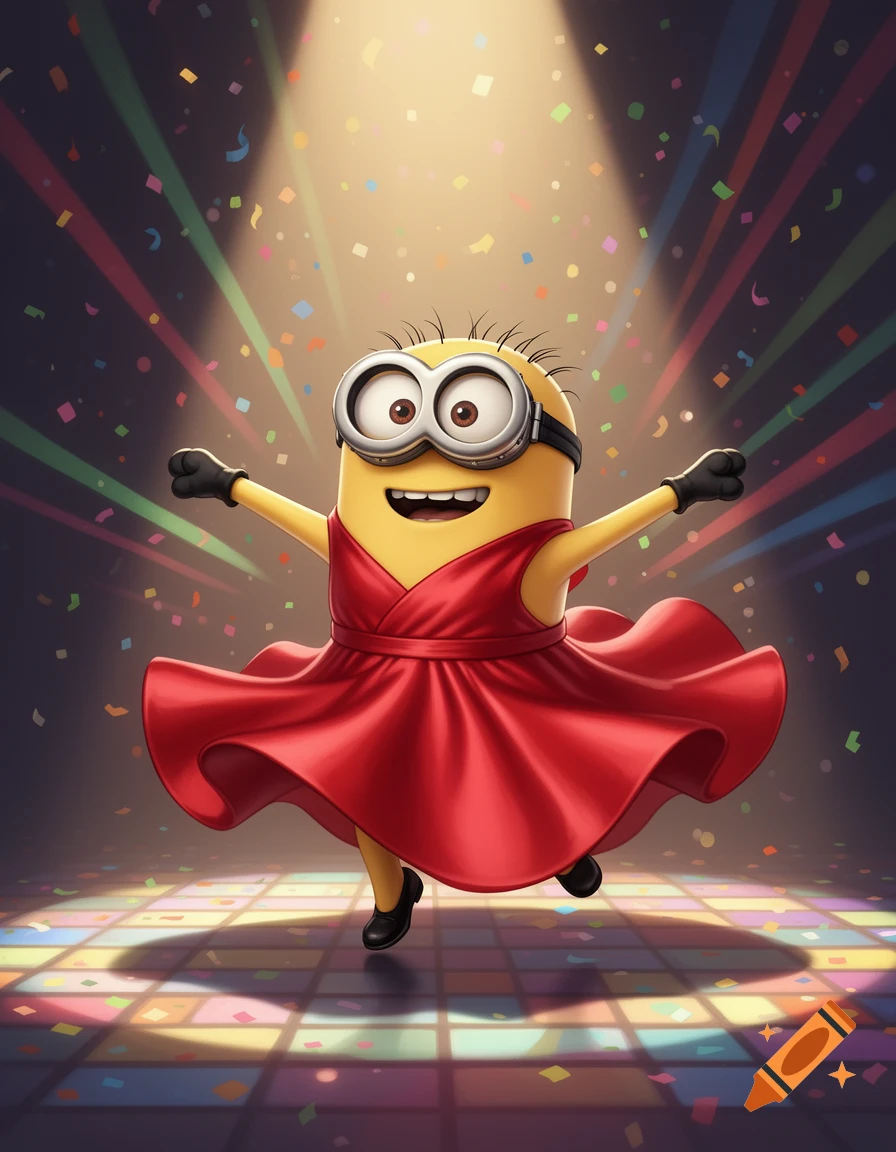 A cheerful Minion in a red dress dances under colorful spotlights and falling confetti on a disco floor.