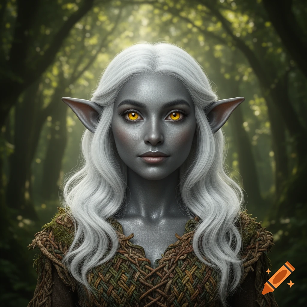 A fantasy woman with grey skin, long white hair, pointed ears, and glowing yellow eyes, wearing a woven outfit in a dappled forest.