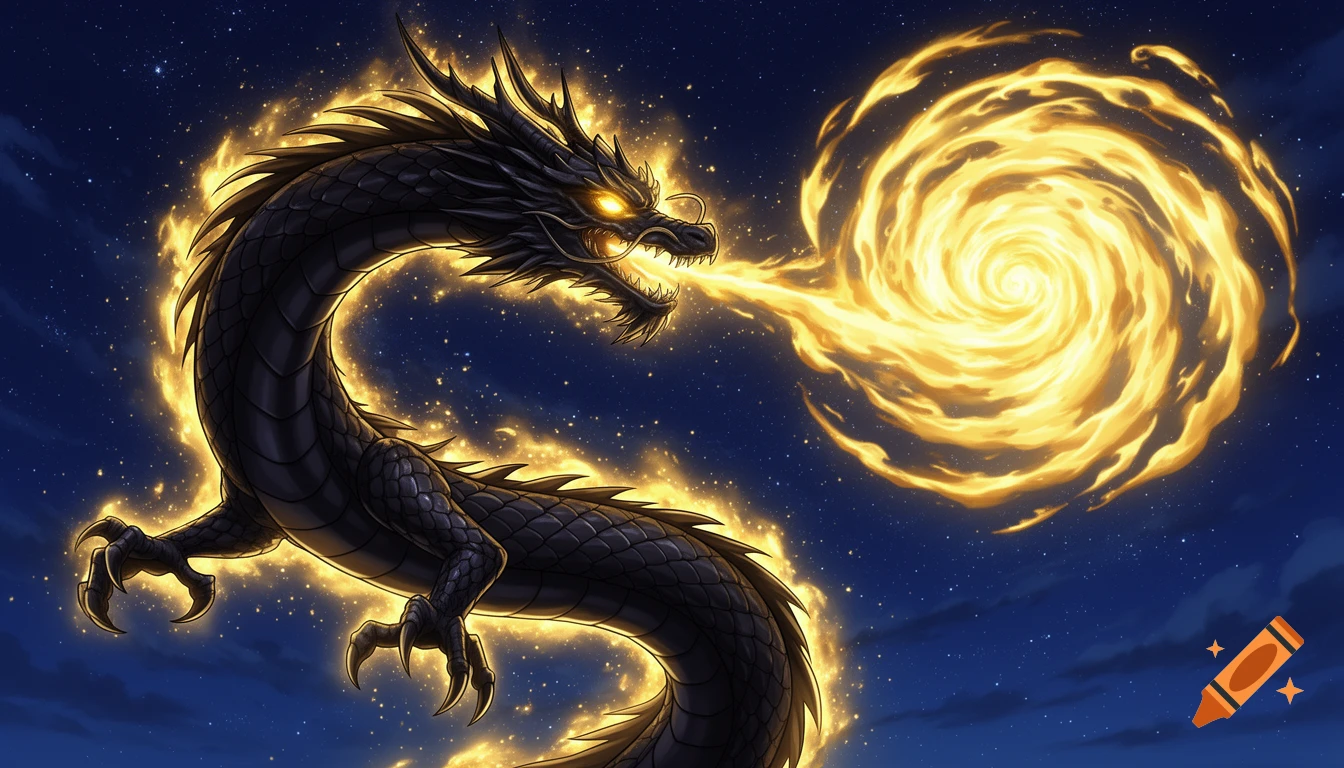 Cinematic anime illustration of a black oriental dragon with golden glowing eyes and aura, breathing a swirling torrent of golden fire into the night sky.