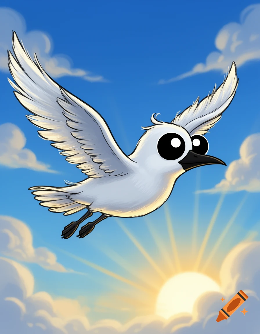 A cartoon white bird with large black eyes and a black beak flies in a bright blue sky with scattered clouds and a glowing sun.